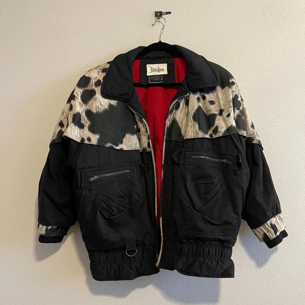 Vintage Neiman Marcus Animal Print  Fur Black Puffer Ski Coat